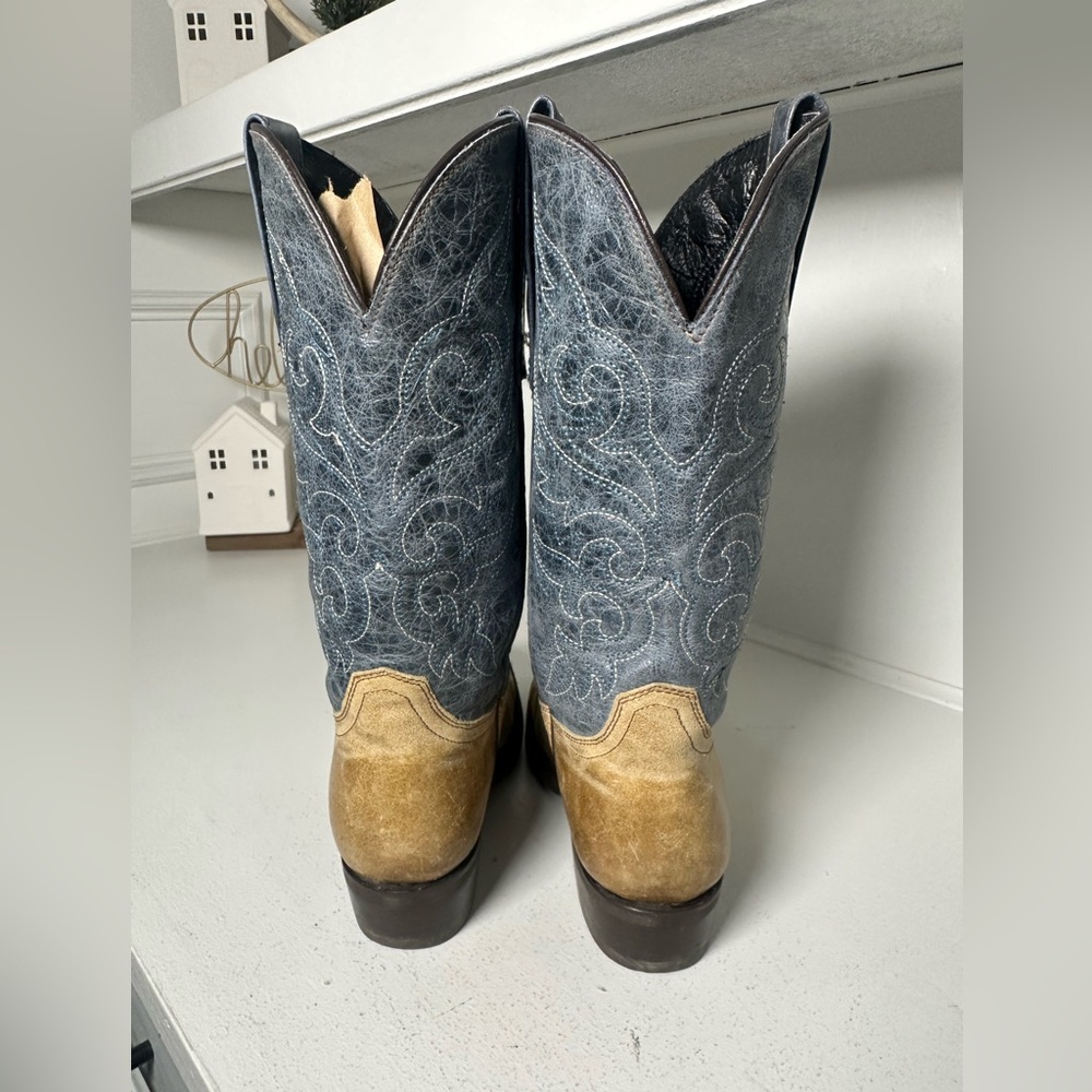 Masterson Boots Women’s 7.5M Two Tone Western Cowboy Boots Tan & Blue Leather - Picture 6 of 9